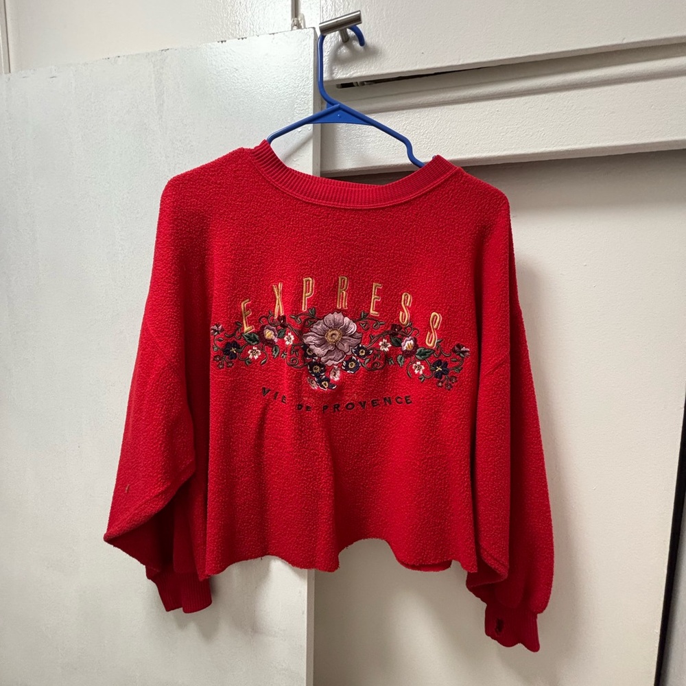 Express Red Cropped Floral Sweater